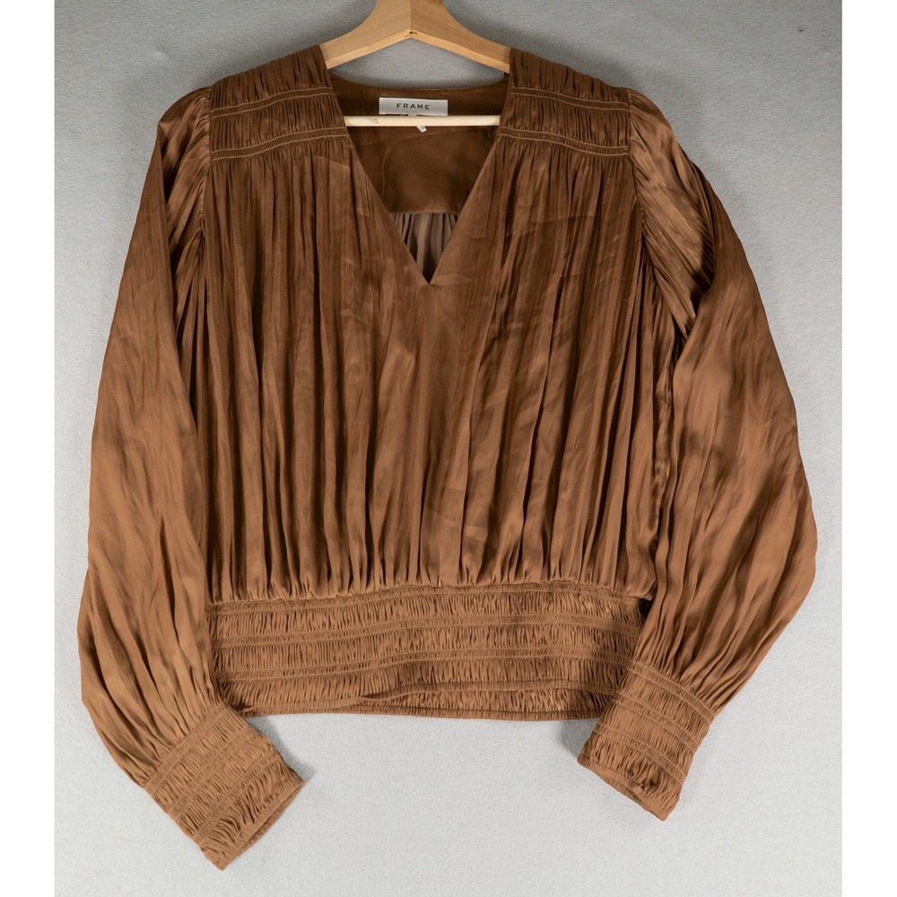 Frame LWSH2394 Pleated Smocked Waist V-Neck Blouse Bronze XS Excellent